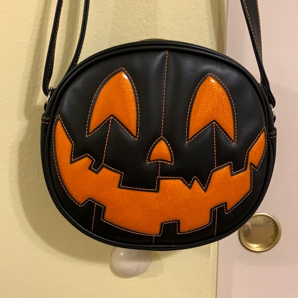 Orange/black glitter Love Pain and Stitches purse